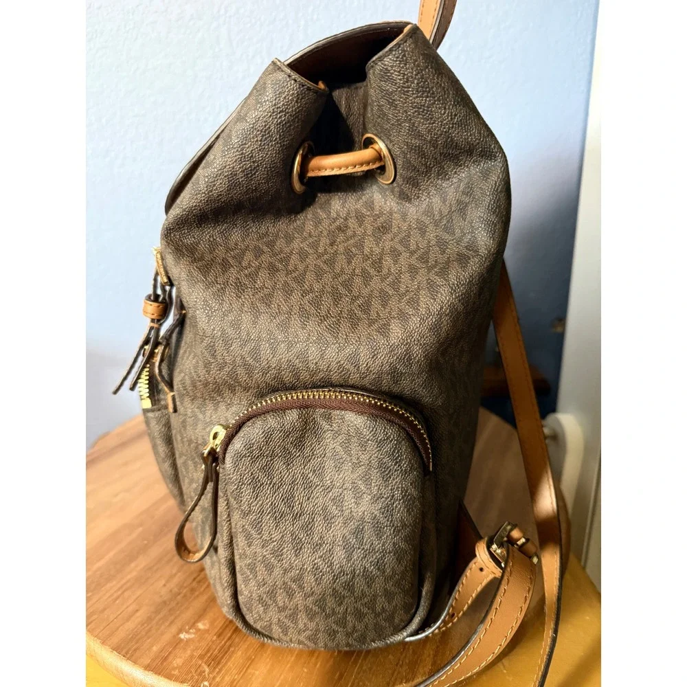 Michael Kors Abbey Cargo Backpack Womens Large Brown NWOTMonogram Leather Trim